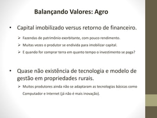 Balançando Valores: Agro
• Capital imobilizado versus retorno de financeiro.
 Fazendas de patrimônio exorbitante, com pouco rendimento.
 Muitas vezes o produtor se endivida para imobilizar capital.
 E quando for comprar terra em quanto tempo o investimento se paga?
• Quase não existência de tecnologia e modelo de
gestão em propriedades rurais.
 Muitos produtores ainda não se adaptaram as tecnologias básicas como
Computador e Internet (já não é mais inovação).
 