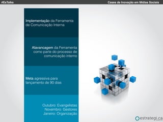 #EsTalks Cases de Inovação em Mídias Sociais
Alavancagem da Ferramenta
como parte do processo de
comunicação interno
Implementação da Ferramenta
de Comunicação Interna
Meta agressiva para
lançamento de 90 dias
Outubro: Evangelistas
Novembro: Gestores
Janeiro: Organização
 