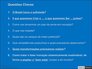 Questões Chaves

            1. O Brasil inova o suficiente?

            2. 0 que queremos Criar e .... o que queremos Ser ... juntos?

            3. Como nos tornarmos um pais de ponta em inovação?

            4. O que nos impede?

            5. Quais são os campos de maior potencial?

            6. Que competências possuímos e quais precisamos desenvolver?

            7. Quais transformações precisamos realizar?

            8. Como tratar e fazer inovação sistemicamente sustentável, de
                     forma a ampliar o “bem estar” (nosso e do mundo)?

© Luiz Lunkes
  INNOnest Global Solutions Lab
 