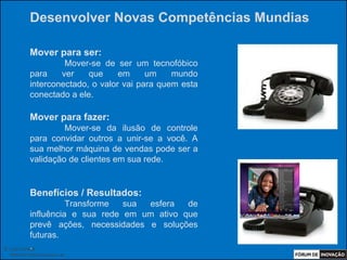 Desenvolver Novas Competências Mundias

            Mover para ser:
                     Mover-se de ser um tecnofóbico
            para    ver    que     em     um    mundo
            interconectado, o valor vai para quem esta
            conectado a ele.

            Mover para fazer:
                     Mover-se da ilusão de controle
            para convidar outros a unir-se a você. A
            sua melhor máquina de vendas pode ser a
            validação de clientes em sua rede.


            Benefícios / Resultados:
                      Transforme  sua esfera   de
            influência e sua rede em um ativo que
            prevê ações, necessidades e soluções
            futuras.
            .
© Luiz Lunkes
  INNOnest Global Solutions Lab
 