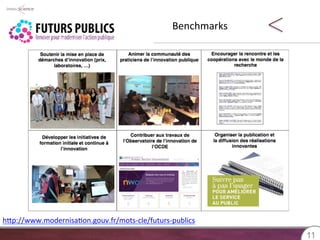 Benchmarks 
1111 
Fonte: 
hXp://www.modernisa8on.gouv.fr/mots-­‐cle/futurs-­‐publics 
 