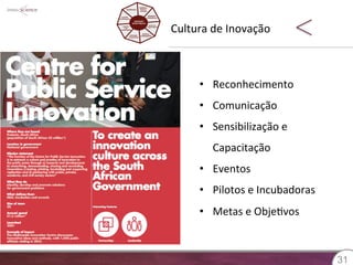 Cultura 
de 
Inovação 
3311 
• Reconhecimento 
• Comunicação 
• Sensibilização 
e 
Capacitação 
• Eventos 
• Pilotos 
e 
Incubadoras 
• Metas 
e 
Obje8vos 
Fonte: 
hXp://www.theiteams.org/resources/read-­‐i-­‐teams-­‐report-­‐0 
 