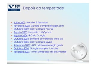 Depois da tempestadeDepois da tempestade
Julho 2001: Napster é fechado
Fevereiro 2002: Google compra Blogger.com
Outubro 2002: eBay compra PayPal
Agosto 2003: lançado o MySpace
113
Agosto 2004: IPO do Google
Outubro 2004: primeira conferência Web 2.0
Outubro 2005: eBay compra Skype
Setembro 2006: AOL adota estratrégia grátis
Outubro 2006: Google compra Youtube
Fevereiro 2007: iTunes ultrapassa 1bi downloads
 