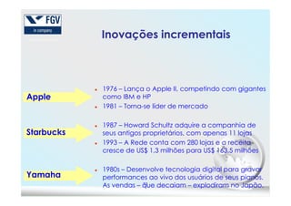 Inovações incrementaisInovações incrementais
1976 – Lança o Apple II, competindo com gigantes
como IBM e HP
1981 – Torna-se líder de mercado
Apple
73
1981 – Torna-se líder de mercado
1987 – Howard Schultz adquire a companhia de
seus antigos proprietários, com apenas 11 lojas
1993 – A Rede conta com 280 lojas e a receita
cresce de US$ 1,3 milhões para US$ 163,5 milhões
1980s – Desenvolve tecnologia digital para gravar
performances ao vivo dos usuários de seus pianos.
As vendas – que decaiam – explodiram no Japão.
Starbucks
Yamaha
 