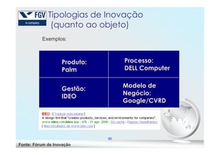 Exemplos:
Produto:
Palm
Processo:
DELL Computer
Tipologias de Inovação
(quanto ao objeto)
80
Fonte: Fórum de Inovação
Gestão:
IDEO
Modelo de
Negócio:
Google/CVRD
 