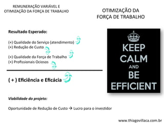 OTIMIZAÇÃO 
DA 
FORÇA 
DE 
TRABALHO 
REMUNERAÇÃO 
VARIÁVEL 
E 
OTIMIZAÇÃO 
DA 
FORÇA 
DE 
TRABALHO 
www.thiagovillaca.com.br 
Resultado 
Esperado: 
(+) 
Qualidade 
do 
Serviço 
(atendimento) 
(+) 
Redução 
de 
Custo 
(+) 
Qualidade 
da 
Força 
de 
Trabalho 
(+) 
Profissionais 
Ociosos 
Viabilidade 
do 
projeto: 
Oportunidade 
de 
Redução 
de 
Custo 
à 
Lucro 
para 
o 
invesVdor 
( 
+ 
) 
Eficiência 
e 
Eficácia 
 