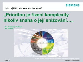 Page 12
© 2009. Siemens Product Lifecycle Management Software Inc. All rights reserved
Siemens PLM Software
„Prioritou je řízení komplexity
nikoliv snaha o její snižování…„
© 2009. Siemens Product Lifecycle Management Software Inc. All rights reserved
Siemens PLM Software
The Complexity Challenge
A.T. Kearney
Jak zvýšit konkurenceschopnost?
 
