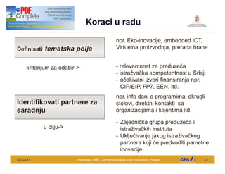 This Project is funded by the EU
                                         Koraci u radu

                                                           npr. Eko-inovacije, embedded ICT,
Definisati               tematska polja                    Virtuelna proizvodnja, prerada hrane


       kriterijum za odabir->                              - relevantnost za preduze a
                                                           - istra va ka kompetentnost u Srbiji
                                                           - o ekivani izvori finansiranja npr.
                                                              CIP/EIP, FP7, EEN, itd.
                                                           npr. info dani o programima, okrugli
Identifikovati partnere za                                 stolovi, direktni kontakti sa
saradnju                                                   organizacijama i klijentima itd.

                                                           - Zajedni ka grupa preduze a i
                        u cilju->                            istra iva kih instituta
                                                           - Uklju ivanje jakog istra iva kog
                                                             partnera koji e predvoditi pametne
                                                             inovacije
6/2/2011                            Improved SME Competitiveness and Innovation Project       22
 