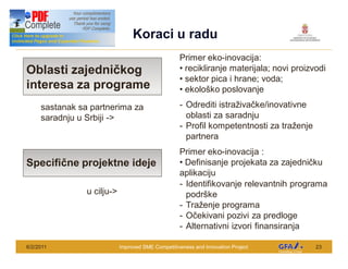 This Project is funded by the EU
                                                     Koraci u radu
                                                                       Primer eko-inovacija:
Oblasti zajedni kog                                                     recikliranje materijala; novi proizvodi
                                                                        sektor pica i hrane; voda;
interesa za programe                                                    ekolo ko poslovanje

       sastanak sa partnerima za                                       - Odrediti istra iva ke/inovativne
       saradnju u Srbiji ->                                              oblasti za saradnju
                                                                       - Profil kompetentnosti za tra enje
                                                                         partnera
                                                                       Primer eko-inovacija :
Specifi ne projektne ideje                                               Definisanje projekata za zajedni ku
                                                                       aplikaciju
                                                                       - Identifikovanje relevantnih programa
                                    u cilju->                            podr ke
                                                                       - Tra enje programa
                                                                       - O ekivani pozivi za predloge
                                                                       - Alternativni izvori finansiranja

6/2/2011                                        Improved SME Competitiveness and Innovation Project          23
 