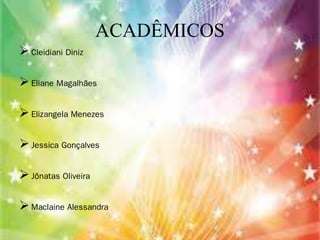 ACADÊMICOS 
 Cleidiani Diniz 
 Eliane Magalhães 
 Elizangela Menezes 
 Jessica Gonçalves 
 Jônatas Oliveira 
 Maclaine Alessandra 
 