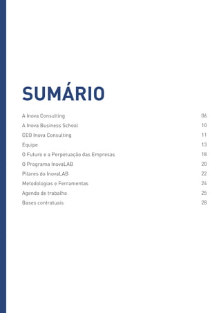 A Inova Consulting
A Inova Business School
CEO Inova Consulting
Equipe
O Futuro e a Perpetuação das Empresas
O Programa InovaLAB
Pilares do InovaLAB
Metodologias e Ferramentas
Agenda de trabalho
Bases contratuais
Sumário
06
10
11
13
18
20
22
24
25
28
 