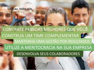 Você,eu, todos nós
CONTRATE PESSOAS MELHORES QUE VOCÊ.
CONSTRUA UM TIME COMPLEMENTAR
UTILIZE A MERITOCRACIA NA SUA EMPRESA
MANTENHA UMA GESTÃO POR RESULTADOS
DESENVOLVA SEUS COLABORADORES
 