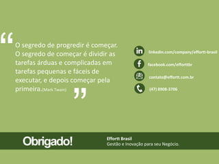Effortt Brasil
Gestão e Inovação para seu Negócio.Obrigado!
(47) 8908-3706
facebook.com/efforttbr
contato@effortt.com.br
linkedin.com/company/effortt-brasil
O segredo de progredir é começar.
O segredo de começar é dividir as
tarefas árduas e complicadas em
tarefas pequenas e fáceis de
executar, e depois começar pela
primeira.(Mark Twain)
“ “
 