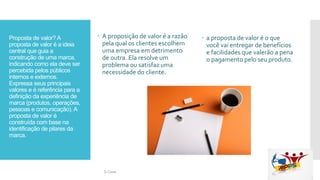 Proposta de valor? A
proposta de valor é a ideia
central que guia a
construção de uma marca,
indicando como ela deve ser
percebida pelos públicos
internos e externos.
Expressa seus principais
valores e é referência para a
definição da experiência de
marca (produtos, operações,
pessoas e comunicação). A
proposta de valor é
construída com base na
identificação de pilares da
marca.
 A proposição de valor é a razão
pela qual os clientes escolhem
uma empresa em detrimento
de outra. Ela resolve um
problema ou satisfaz uma
necessidade do cliente.
 a proposta de valor é o que
você vai entregar de benefícios
e facilidades que valerão a pena
o pagamento pelo seu produto.
Si Casas
 