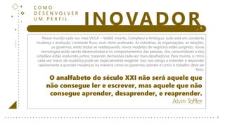 +
+
+
+ _ X
INOVADOR
+
C O M O
D E S E N V O L V E R
U M P E R F I L
Nesse mundo cada vez mais VUCA – Volátil, Incerto, Complexo e Ambíguo, tudo está em constante
mudança e evolução, constante fluxo, num ritmo acelerado. As indústrias, as organizações, as relações,
os governos, estão todos se readequando, novos modelos de negócios estão surgindo, novas
tecnologias estão sendo desenvolvidas e os comportamentos das pessoas, dos consumidores e dos
cidadãos estão evoluindo juntos, trazendo demandas cada vez mais desafiadoras. Para muitos, o ritmo
cada vez maior de mudança pode ser especialmente exigente. Isso nos obriga a entender e responder
rapidamente a grandes mudanças na maneira como os governos operam e como o trabalho deve ser
feito.
O analfabeto do século XXI não será aquele que
não consegue ler e escrever, mas aquele que não
consegue aprender, desaprender, e reaprender.
Alvin Toffler
 