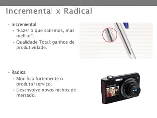 • Incremental
• “Fazer o que sabemos, mas
melhor”.
• Qualidade Total: ganhos de
produtividade.
• Radical
• Modifica fortemente o
produto/serviço.
• Desenvolve novos nichos de
mercado.
 