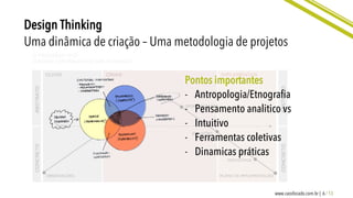 6 / 13www.caosfocado.com.br |
Design Thinking
Uma dinâmica de criação – Uma metodologia de projetos
Pontos importantes
-  Antropologia/Etnograﬁa
-  Pensamento analitico vs
-  Intuitivo
-  Ferramentas coletivas
-  Dinamicas práticas
 
