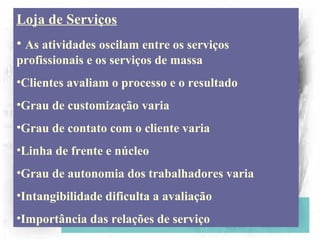 Loja de Serviços
• As atividades oscilam entre os serviços
profissionais e os serviços de massa
•Clientes avaliam o processo e o resultado
•Grau de customização varia
•Grau de contato com o cliente varia
•Linha de frente e núcleo
•Grau de autonomia dos trabalhadores varia
•Intangibilidade dificulta a avaliação
•Importância das relações de serviço
 