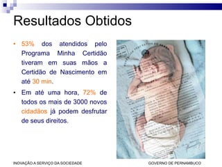 Resultados Obtidos 53%  dos atendidos pelo Programa Minha Certidão tiveram em suas mãos a Certidão de Nascimento em até  30 min . Em até uma hora,  72%  de todos os mais de 3000 novos  cidadãos  já podem desfrutar de seus direitos. 