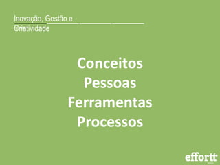 Inovação, Gestão e 
ACgerndiaa tividade 
Conceitos 
Pessoas 
Ferramentas 
Processos 
 