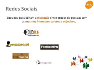 Web 1.0, 2.0, 3.0, 4.0Qual a diferença?Web 1.0DistribuiçãoWeb 2.0ComunicaçãoWeb 3.0ColaboraçãoWeb 4.0IntegraçãoDécada de 90“Read-only web”Internauta = espectador2000 a 2009“Read-write web”Consumidor se comunica com a empresa2010 a 2019“Read-write-execution web”Indivíduos contribuem diretamente com a indústria online2020 a 2030“Read-write-execution-concurrency web”Participação em massa em redes online. Os indivíduos dominam os canais e as informações.