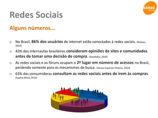 Consumidor SocialNovo cenárioQuebra de barreiras físicas (internet)Acesso rápido e fácil a informaçõesClientes conectadosGrande poder de barganhaPossibilidade das empresas fomentarem discussões sobre seus produtosInteligência ColetivaVantagem Competitiva