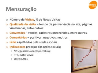  CompartilharConceitosPerfil x Brand PagePerfil:Permite encontrar e adicionar amigos;Permite publicar imagens, textos e vídeos;Permite enviar mensagens privadas aos amigos;Os amigos podem compartilhar imagens, textos e vídeos em seu perfil;Possui limite de 5 mil amigos;Não é personalizável;A URL pode ser alterada para garantir fácil lembrança. Brand Page:Permite que haja um ou mais administradores para a página;Permite publicar imagens, textos e vídeos;A opção de os inscritos publicarem conteúdo na página pode ser ou não aberta pelo administrador da página;Não possui limite de inscritos;Altamente personalizável – podem ser desenvolvidas novas abas com aplicativos;As páginas podem ser indexadas pelos mecanismos de busca;A URL pode ser alterada para garantir fácil lembrança. Disponibiliza dados estatísticos sobre a página, como visualização de conteúdo, interação, perfil do público, entre outros;