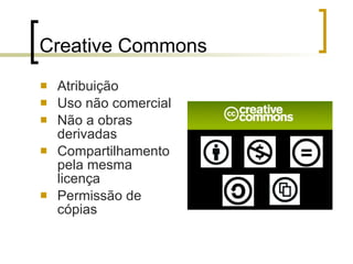 Creative Commons Atribuição Uso não comercial Não a obras derivadas Compartilhamento pela mesma licença Permissão de cópias 