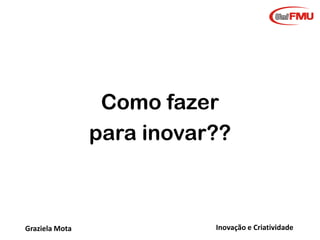 Como fazer
para inovar??

Graziela Mota

Inovação e Criatividade

 