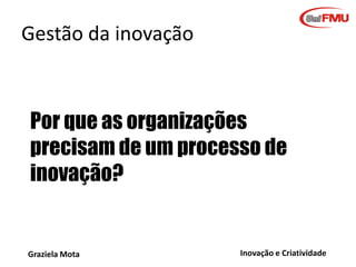 Gestão da inovação

Por que as organizações
precisam de um processo de
inovação?

Graziela Mota

Inovação e Criatividade

 