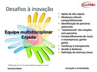 Desafios à inovação

Equipe multidisciplinar
Enjada

• Apoio da alta cúpula
• Mudança cultural:
compartilhamento
• Identificação de parceiros
potenciais
• “azeitamento” das relações
com parceiros
• Compartilhamento de riscos
e recompensas: ganhaganha
• Confiança e transparente
• Gestão à distância
• Definição de metricas claras

HSMManagement 75 • Julho-agosto 2009 hsmmanagement.com.br

Graziela Mota

Inovação e Criatividade

 