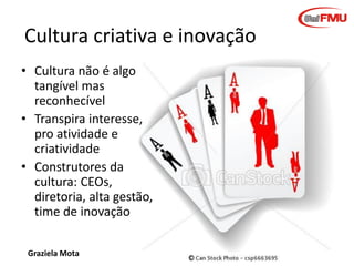Cultura criativa e inovação
• Cultura não é algo
tangível mas
reconhecível
• Transpira interesse,
pro atividade e
criatividade
• Construtores da
cultura: CEOs,
diretoria, alta gestão,
time de inovação
Graziela Mota

Inovação e Criatividade

 
