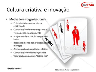 Cultura criativa e inovação
• Motivadores organizacionais:
– Entendimento do conceito de
criatividade
– Comunicação clara e transparente
– Treinamento e engajamento
– Programas de estímulo à sugestões,
ideias...
– Reconhecimento dos protagonistas da
inovação
– Comunicação de resultados obtidos
– Comunicação de ideias rejeitadas
– Valorização da postura “taking risk”

Graziela Mota

Inovação e Criatividade

 