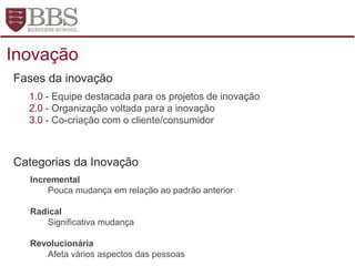 Fases da inovação
1.0 - Equipe destacada para os projetos de inovação
2.0 - Organização voltada para a inovação
3.0 - Co-criação com o cliente/consumidor
Categorias da Inovação
Incremental
Pouca mudança em relação ao padrão anterior
Radical
Significativa mudança
Revolucionária
Afeta vários aspectos das pessoas
Inovação
 