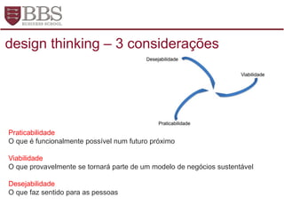 Praticabilidade
O que é funcionalmente possível num futuro próximo
Viabilidade
O que provavelmente se tornará parte de um modelo de negócios sustentável
Desejabilidade
O que faz sentido para as pessoas
design thinking – 3 considerações
 