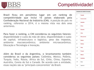 Brasil ficou em penúltimo lugar em um ranking de
competitividade que inclui 15 países elaborado pela
Confederação Nacional da Indústria (CNI). A posição do país no
ranking, referente a 2014, é a mesma vista nos dois anos
anteriores.
Além do Brasil e da Argentina, o levantamento também
considerou os seguintes países: Colômbia, México, Polônia,
Turquia, Índia, Rússia, África do Sul, Chile, China, Espanha,
Austrália, Coreia do Sul e Canadá. De acordo com a entidade,
essas nações são as "principais concorrentes" do Brasil.
Para fazer o ranking, a CNI considerou os seguintes fatores:
disponibilidade e custo da mão de obra; disponibilidade e custo
do capital; infraestrutura e logística, peso dos impostos,
ambiente macroeconômico; ambiente microeconômico;
Educação e Tecnologia e Inovação.
Competitividade!
 