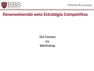 Desenvolvendo uma Estratégia Competitiva
Fatores de sucesso
Via Canvas
ou
Workshop
 
