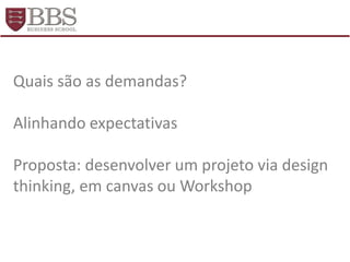 Quais são as demandas?
Alinhando expectativas
Proposta: desenvolver um projeto via design
thinking, em canvas ou Workshop
 