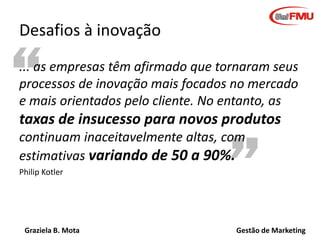 Graziela B. Mota Gestão de Marketing
“
”
Desafios à inovação
... as empresas têm afirmado que tornaram seus
processos de inovação mais focados no mercado
e mais orientados pelo cliente. No entanto, as
taxas de insucesso para novos produtos
continuam inaceitavelmente altas, com
estimativas variando de 50 a 90%.
Philip Kotler
 