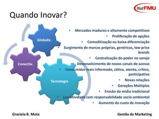 Graziela B. Mota Gestão de Marketing
Quando Inovar?
Tecnologia
Conectiv.
Globaliz.
• Mercados maduros e altamente competitivos
• Proliferação de opções
• Comoditização ou baixa diferenciação
• Surgimento de marcas próprias, genéricas, low price
brands
• Centralização do poder no varejo
• Desenvolvimento de novos canais de acesso
• Consumidor mais informado, cético, atento, crítico,
participativo
• Novas relações
• Gerações Múltiplas
• Erosão da mídia tradicional
• Lucratividade com responsabilidade socio-ambiental
• Aumento do custo de inovação
 