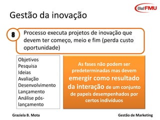 Graziela B. Mota Gestão de Marketing
Gestão da inovação
Processo executa projetos de inovação que
devem ter começo, meio e fim (perda custo
oportunidade)
As fases não podem ser
predeterminadas mas devem
emergir como resultado
da interação de um conjunto
de papeis desempenhados por
certos indivíduos
Objetivos
Pesquisa
Ideias
Avaliação
Desenvolvimento
Lançamento
Análise pós-
lançamento
8
 