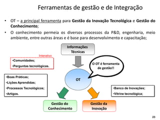 Ferramentas de gestão e de Integração
• OT – a principal ferramenta para Gestão da Inovação Tecnológica e Gestão do
  Conhecimento;
• O conhecimento permeia os diversos processos da P&D, engenharia, meio
  ambiente, entre outras áreas e é base para desenvolvimento e capacitação;

                                      Informações
                                         Técnicas
                      Interativo
    •Comunidades;
                                                    O OT é ferramenta
    •Perguntas tecnológicas.
                                                       de gestão!!

•Boas Práticas;
                                            OT
•Lições Aprendidas;
•Processos Tecnológicos;                                         •Banco de Inovações;
•Artigos.                                                        •Vitrine tecnológica;


                               Gestão do            Gestão da
                             Conhecimento           Inovação

                                                                                         23
 
