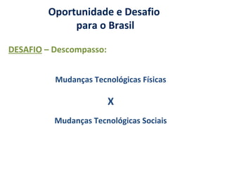 Oportunidade e Desafio
para o Brasil
DESAFIO – Descompasso:
Mudanças Tecnológicas Físicas
X
Mudanças Tecnológicas Sociais
 