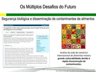 Análise da rede de comércio
internacional de alimentos mostra
grande vulnerabilidade devido à
rápida disseminação de
contaminantes.
Fonte: Ercsey-Ravasz M, Toroczkai Z, Lakner Z, Baranyi J (2012) Complexity of the International Agro-Food Trade Network
and Its Impact on Food Safety. PLoS ONE 7(5): e37810. doi:10.1371/journal.pone.0037810
Segurança biológica e disseminação de contaminantes de alimentos
http://www.plosone.org/article/info%3Adoi%2F10.1371%2Fjournal.pone.0037810
Os Múltiplos Desafios do FuturoOs Múltiplos Desafios do Futuro
 