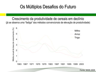Crescimento da produtividade de cereais em declínio
(já se observa uma “fadiga” dos métodos convencionais de elevação de produtividade)
Fonte: WDR 2008
0
1
2
3
4
5
6
1963 1967 1971 1975 1979 1983 1987 1991 1995 1999 2003
Médiaanualdataxadecrescimento(%)
Milho
Arroz
Trigo
Os Múltiplos Desafios do FuturoOs Múltiplos Desafios do Futuro
 