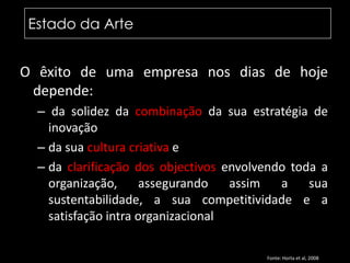 estado da arte na área Estado da ArteO êxito de uma empresa nos dias de hoje depende: da solidez da combinação da sua estratégia de inovaçãoda sua cultura criativa e da clarificação dos objectivos envolvendo toda a organização, assegurando assim a sua sustentabilidade, a sua competitividade e a satisfação intra organizacional Fonte: Horta etal, 2008