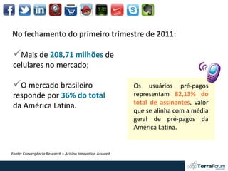 No fechamento do primeiro trimestre de 2011:

Mais de 208,71 milhões de
celulares no mercado;

O mercado brasileiro                                       Os usuários pré-pagos
responde por 36% do total                                   representam 82,13% do
                                                            total de assinantes, valor
da América Latina.
                                                            que se alinha com a média
                                                            geral de pré-pagos da
                                                            América Latina.


Fonte: Convergência Research – Acision Innovation Assured
 