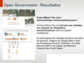Open Government - Resultados


                Know Where You Live -
                www.hackdays.com/knowwhereyoulive/

                O Know Where You Live fornece aos cidadãos
                um conjunto de infográficos
                socioeconômicos sobre as cidades
                australianas.

                As informações são retiradas de banco de dados
                do Governo, imagens do Google Maps e fotos
                do Powerhouse Museum Collection, the State
                Records NSW e da coleção da Biblioteca
                Estadual New South Wales.’
 
