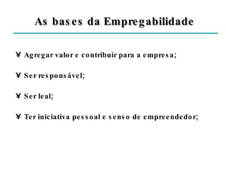 As bases da Empregabilidade Agregar valor e contribuir para a empresa; Ser responsável; Ser leal; Ter iniciativa pessoal e senso de empreendedor; 