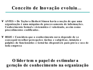 Conceito de Inovação evoluiu... ANTES > De Taylor a Herbert Simon havia a noção de que uma organização é uma máquina de processamento de informações. Conhecimento formal e sistemático é valorizado, assim como procedimentos codificados.  HOJE > Considera que o conhecimento novo depende de se conseguir recolher percepções tácitas e subjetivas, intuição e palpites de funcionários e torná-las disponíveis para prova e uso de toda empresa O líder tem o papel de estimular a  geração de conhecimento na organização 